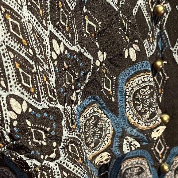 Semi Sheer Blue and Black Long Sleeve V-Neck Career Layer Blouse Top - Picture 5 of 12